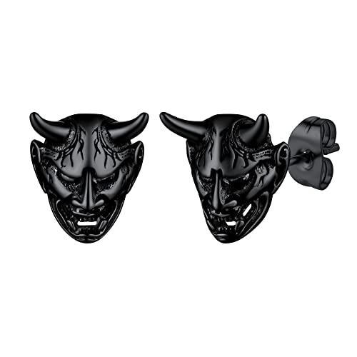 U7 Schwarz Creolen Herren Männer Ohrringe Schwarz Hoop Creolen Edelstahl Hannya Maske Ohrring Böse Dämon Horn Schädel Ohrring Prajna Mask Ohrstecker Herren Japanische Maske Ohrschmuck für Jahrestag von U7