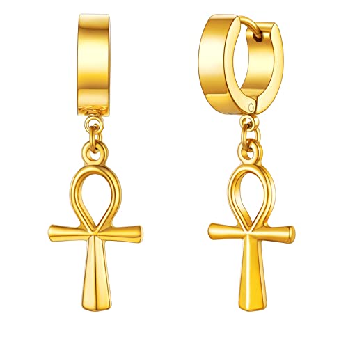 U7 Punk Creolen Ohrringe für Männer Frauen Hip-Hop Klappcreolen mit Ankh-Kreuz Anhänger 18k vergoldet Kleine Huggie Kreolen Modeschmuck Accessoire von U7