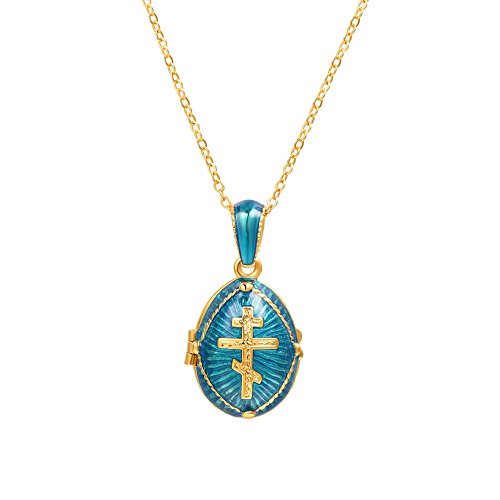 U7 Damen Medaillons Halskette Russische Orthodoxe Kreuz Oval Anhänger Andenken Katte Schmuck Medaillon Mode Freundschaftskette Halskette Valentinstag für Männer Frauen 08 Blau von U7