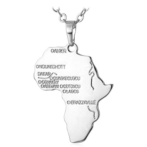 U7 Damen Herren Kette Afrikanische Landkarte Anhänger Halskette platiniert Karte von Afrika mit 50+5cm Rolokette Modeschmuck Accessoire für Männer Frauen von U7