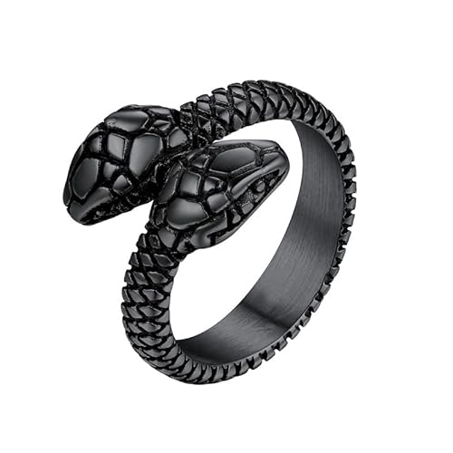 U7 Schwarz Doppelköpfiger Pythonring Herren-Ring Edelstahl Vintage Schlangenring Biker Statement Ring Großer Fingerring Modeschmuck Accessoire für Weihnacht Karneval(Ring Größe 72) von U7