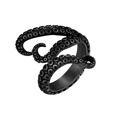 U7 Schwarz Herren Statement Ring Deep Sea Tentakelring Edelstahl Großer Ring Hip Hop Street Style Fingerring Modeschmuck Accessoire für Rapper Party(Ring Größe 65) von U7