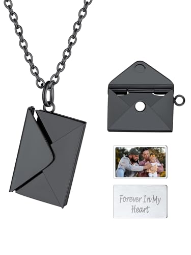 U7 Schwarzkette mit Foto Umschlag Kette für Damen Medaillon zum Öffnen mit Bild Umschlagkette Halskette Liebesbrief Fotokette Memorial Kette Gravur Anhänger Briefumschlag Modeschmuck für Liebe von U7