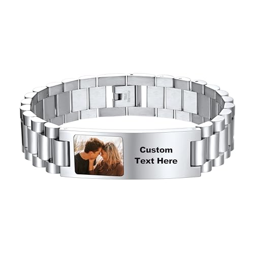 U7 Silberarmband Jungen Edelstahl Armband Fotoarmband Custom Gliederarmband Gravur Text Armbänder Cuban Link Chain Photo Bracelets Men Wickelarmband Armschmuck Personalisiert Modeschmuck für Opa von U7