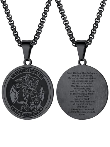 U7 St. Michael Medaille + Halskette schwarz Edelstahl Heilige Michael Anhänger mit 55+5cm Venezianierkette Schutzpatron Erzengel Modeschmuck Accessoire für Valentinstag von U7