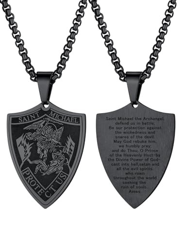 U7 St. Michael Medaille + Halskette schwarz Heilige Michael Schild Form Anhänger mit 55+5cm Venezianierkette Schutzpatron Erzengel Modeschmuck Accessoire für Valentinstag von U7