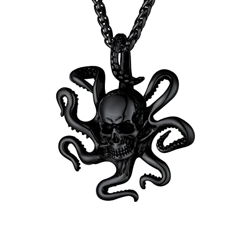 U7 Totenkopf Anhänger Halskette schwarz Edelstahl Krake Schädel mit 3mm/55+5cm Weizenkette Gotik Punk Octopus Modeschmuck Accessoire für Männer Jungen von U7