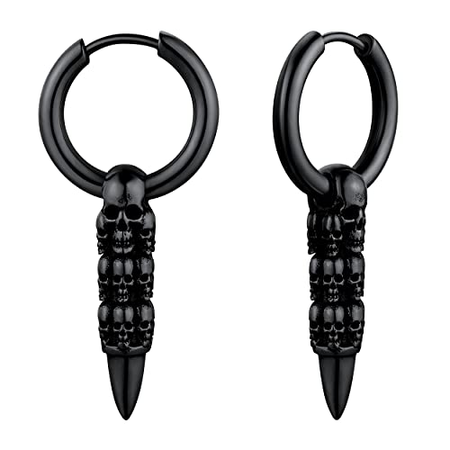 U7 Schwarz Creolen mit Anhänger Herren Ohrringe Schwarz Hoop Creolen Edelstahl Männer Totenschädel Ohrring Gothic Skull Totenkopf Schädel Ohrstecker Herren Huggie Ohrpiercing Ohrschmuck für Weihnacht von U7