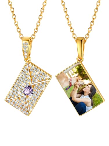 U7 Umschlag Liebesbrief Anhänger Damen Personalisiert Halskette mit Medaillon Gold Kette mit Briefumschlag Fotokette Liebe Umschlagkette Anhänger mit Geburtsstein CZ Memorial Schmuck für Schwester von U7