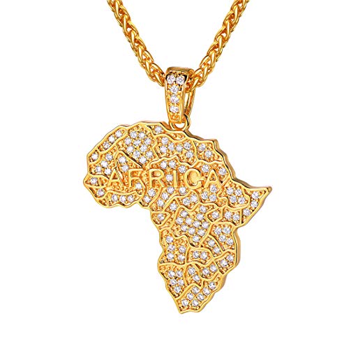 U7 Unisex Halskette Gelbgold überzogen Iced Out Afrikanische Landkarte Anhänger kubischen Zirkonia mit 50+5cm Weizenkette Modeschmuck Geschenk für Männer Frauen von U7