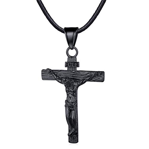 U7 Edelstahl Kreuz Halskette INRI Kruzifix Jesus Christus Anhänger mit 55cm Kunstleder Kette Schwarz Edelstahl Katholischen Christian Modeschmuck, Schwarz-Ton von U7