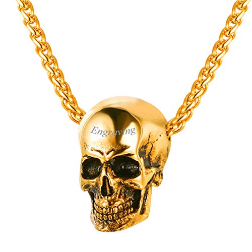 U7 Herren personalisiert Halskette 18k vergoldet Weizenkette und Totenkopf Anhänger Gotik Schädel Halsband Punk Stil Modeschmuck Accessoire für Biker Rocker(gold) von U7