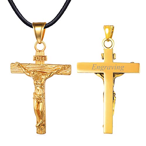 U7 personalisiert Kreuz Halskette Edelstahl INRI Kruzifix Jesus Christus Anhänger mit 55cm Kunstleder Kette 18k vergoldet Katholischen Christian Modeschmuck für Damen Herren, Gold-Ton von U7