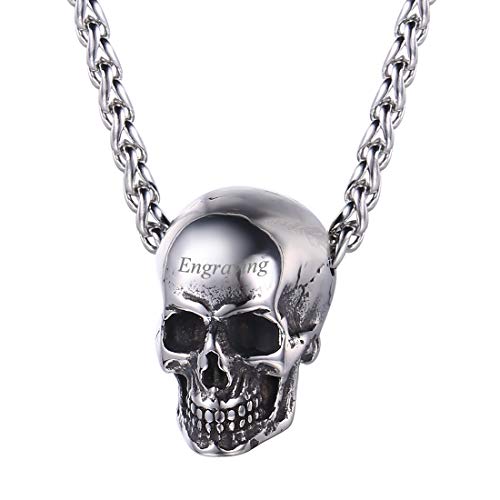 U7 Herren personalisiert Kette Klassischer Totenkopf Skull Anhänger Halskette Edelstahl Biker Gotik Schädel mit Weizenkette Punk Rock Halsband Schmuck für Jungen(silber) von U7