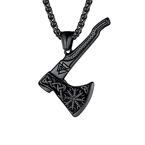U7 Valknut Anhänger Schwarz Edelstahl Wikinger Axt Kompass Halskette Nordische Amulett mit 55+5cm Weizenkette Modeschmuck für Vatertag Geburtstag von U7