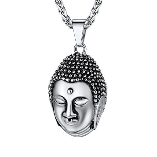 U7 Vintage Buddhastatue Halskette Edelstahl Vintage 3D Buddha Kopf Anhänger mit 55+5cm Weizenkette Buddhismus Amulett Modeschmuck Accessoire für Männer Frauen von U7