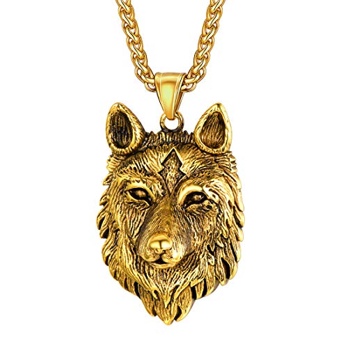 U7 Wikinger Amulette Fenriswolf Halskette 18k vergoldet Wolfskopf Anhänger mit 55+5cm Weizenkette Modeschmuck Accessoire für Geburtstag Vatertag von U7