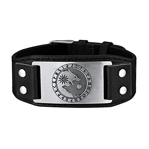 U7 Wikinger Sonne Mond Wölfe Yin Yang Fenrir Lederarmband mit Gürtelschnalle Nordische Amulette Modeschmuck Accessoire für Männer von U7