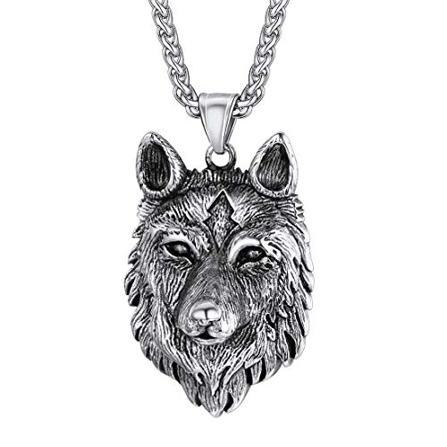 U7 Wikinger Wolf Halskette Edelstahl Wolfskopf Anhänger mit 3mm/55+5cm Weizenkette Keltischer Amulette Modeschmuck Accessoire für Männer Frauen von U7