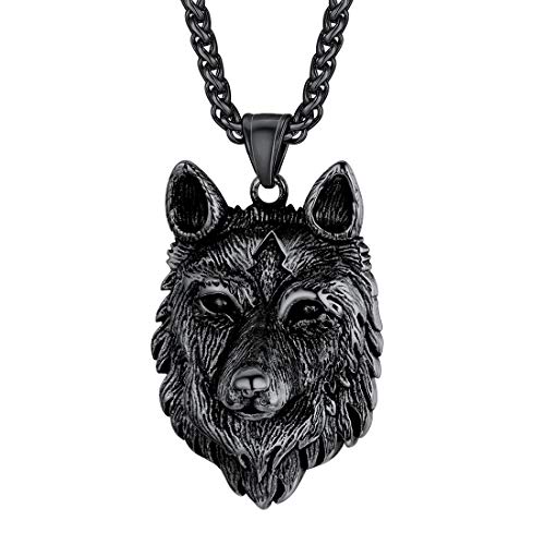 U7 Wolfskopf Anhänger Halskette Edelstahl Herren Schwarz Keltischer Wolf Anhänger Jungen Wikinger Fenriswolf Kettenanhänger Amulett Glücksbringer Halsschmuck Rock Accessoire Modeschmuck für Vater von U7