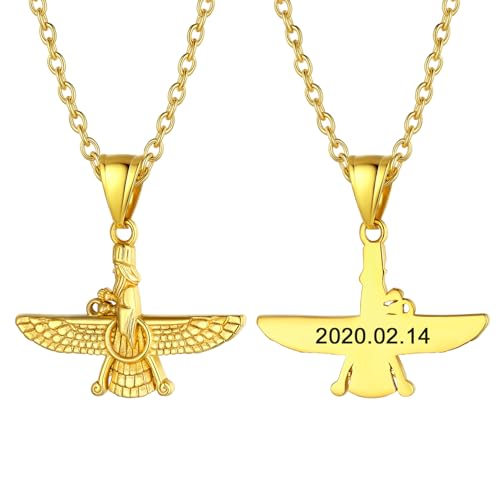 U7 personalisiert Faravahar Farohar Forouhar Anhänger Halskette 18k vergoldet Zoroastrismus Symbol Amulett mit 50+5cm Rolokette Iranische Persische Modeschmuck Accessoire von U7