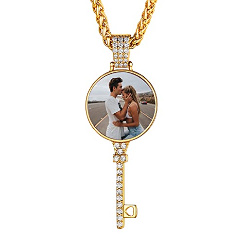 U7 personalisiert Foto ette für Damen Herren 18k vergoldet Zirkonia Iced Schlüssel Form Anhänger mit Weizenkette einzigartiges Souvenir Andenken für Freundin Ehefrau von U7