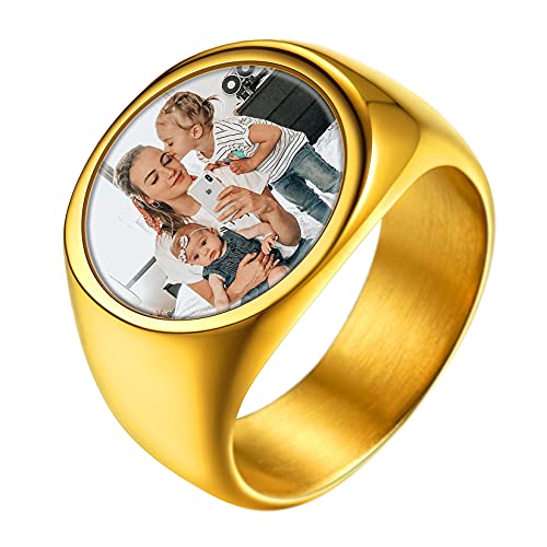 U7 Goldene Ringe Herren Edelstahl Ring Männer Oval Siegelring mit Foto Fingerring mit Gravur Bandring Herren Gold Statement Ring Men Memorial Partnerringe Personalisiert Herrenschmuck für Cocktail von U7