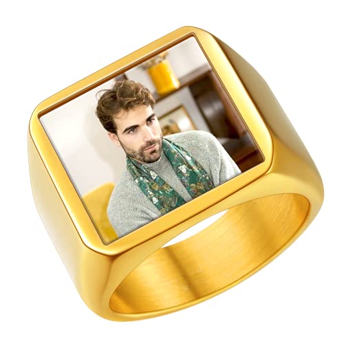 U7 personalisiert Fotogravur Siegelring 18k vergoldet Quadrat Band Ring mit Farbfoto Schwarz-Weiß-Foto benutzerdefiniert Memorial Souvenir Modeschmuck Accessoire für Männer Frauen von U7