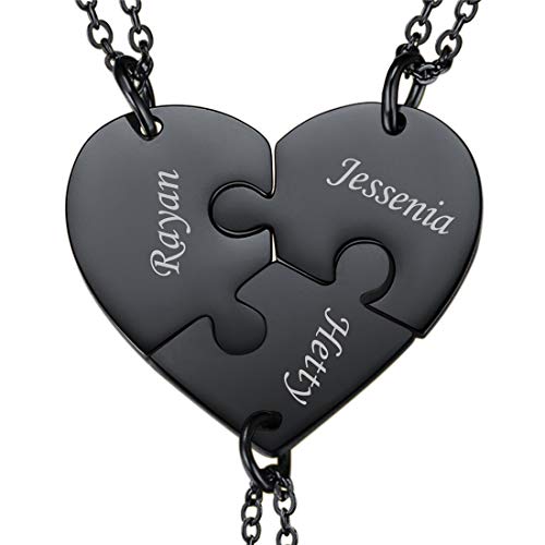 U7 personalisiert Herz Puzzle Kette Schwarz Edelstahl 3 pcs Puzzle-Teile Namen Gravur Anhänger Halskette Damen Mädchen Modeschmuck Weihnachten Accessoire für Freundschaft Familien von U7