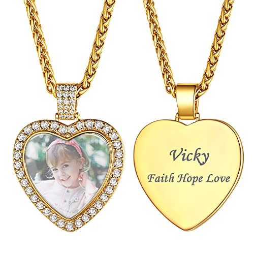 U7 personalisiert Herzkette mit Foto für Damen Herren 18k vergoldet Zirkonia Iced Herz Anhänger + Weizenkette einzigartiges Souvenir Andenken für Freundin Ehefrau von U7