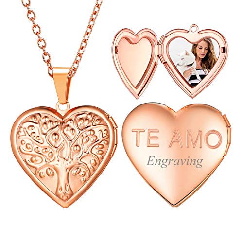 U7 Damen Collier Rosegold Herz Medaillon zum Öffnen Photo Bilder Custom Text Amulett Baum des Leben Anhänger Halskette Herzanhänger Lebensbaum Modekette Valentinstag Geburtstag für Mädchen Freundin von U7