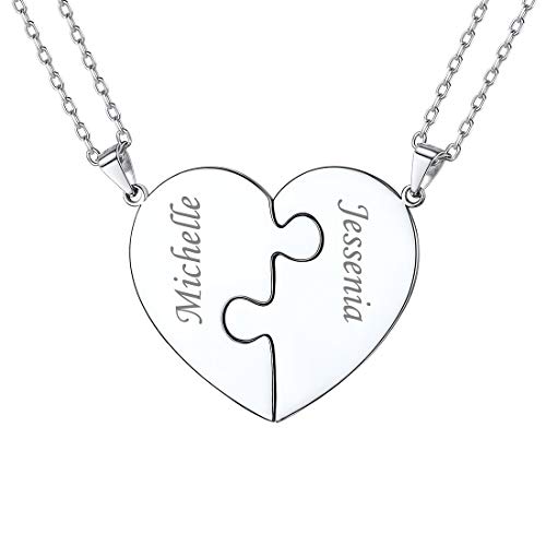 U7 personalisiert Partnerketten 925 Silber 2 Stücke Puzzle Anhänger mit 40,6+5cm Rolokette Namen Gravur Puzzle-Teil Liebepaar Ehepaar Namenketten Schmuck für Männer Frauen von U7