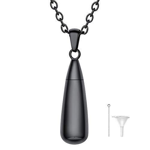U7 schwarz Wassertropfen Anhänger Halskette Andenken Urne mit 50+5cm Rolokette Edelstahl Damen Herren Erinnerung Modeschmuck Accessoire für Kremation Asche Hunde Katze Haustier von U7