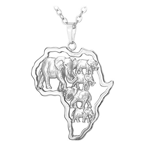 U7 Kette für Damen Herren Afrikanische Landkarte mit Elefanten Anhänger Halskette platiniert Karte von Afrika mit Rolokette Modeschmuck für Party Weihnachten von U7