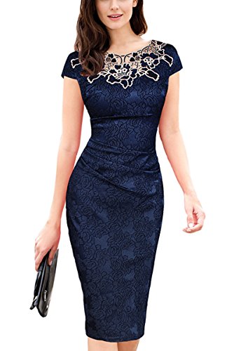 U8Vision Damen Elegant Rose Rundhals Spitze Stitching Kleid Business Etui Abendkleid Festkleid Cocktailkleid Gr.S-XXXL (Marineblau, XXXL) von U8Vision