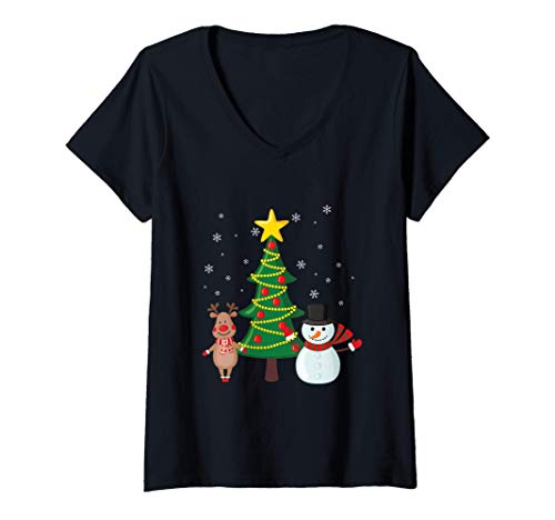 Damen Rentier, Schneemann, Christbaum Weihnacht T Shirt T-Shirt mit V-Ausschnitt von UAB KIDKIS