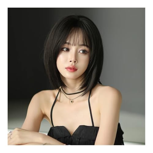 Perücken, Dunkelbraune kurze Perücke mit Mittelteil und Pony: Schicker Stil for jeden Tag – modische Perückenlösung for Damen Echthaarperücke(Black) von UANFHWZF