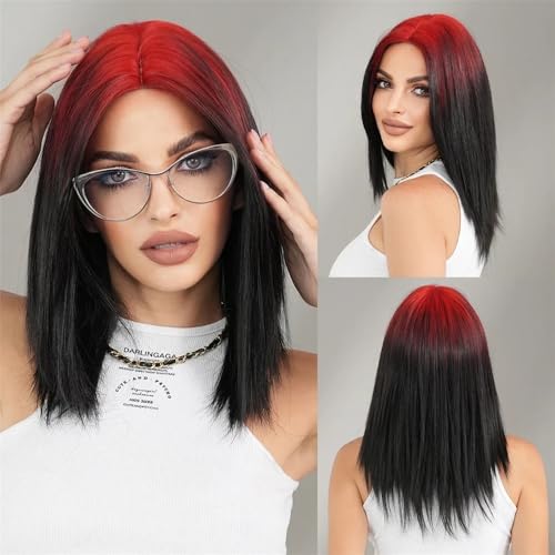 Perücken, Gerade schulterlange blonde Ombre-Braun-Perücke for Damen, geschichtete Perücke mit hoher Dichte for den täglichen Partygebrauch Echthaarperücke(Fading Red) von UANFHWZF