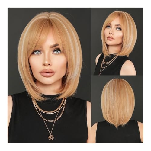 Perücken, Hellbraune Bob-Perücke for Damen mit glattem Haar, hochglänzende blonde Perücke mit 150 Dichte und vollem Pony Echthaarperücke(Gold) von UANFHWZF