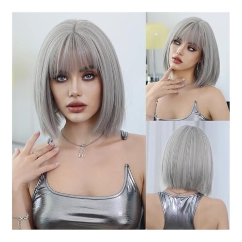 Perücken, Hellbraune Bob-Perücke for Damen mit glattem Haar, hochglänzende blonde Perücke mit 150 Dichte und vollem Pony Echthaarperücke(Off-white) von UANFHWZF
