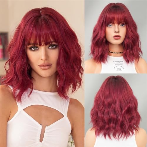 Perücken, Kurze lockige Bob-Perücke for Damen mit Pony – hitzebeständige Kunstfaser Echthaarperücke(Wine red) von UANFHWZF
