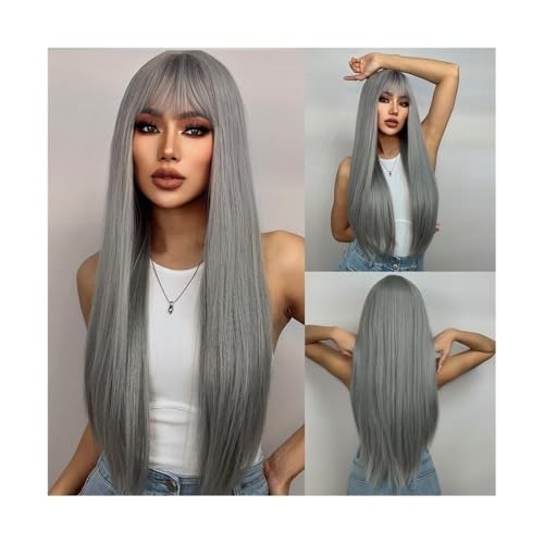 Perücken, Lange blaue gerade Perücke mit Pony, hitzebeständige synthetische Perücken for den täglichen Gebrauch von Frauen Echthaarperücke von UANFHWZF