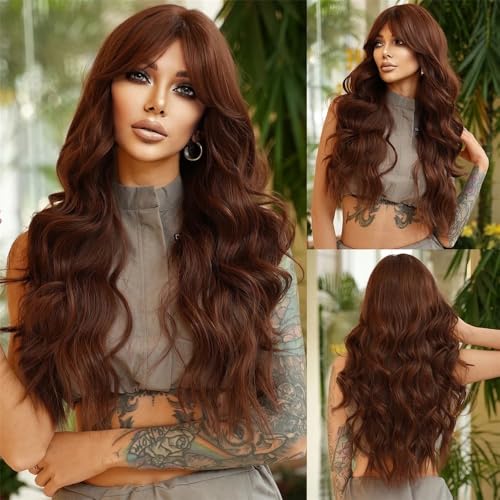 Perücken, Lange gewellte grau-lila Perücke for Frauen, Cosplay, tägliche Party, Overhead-Färbung, gewellte Perücken Echthaarperücke(Dark brown) von UANFHWZF