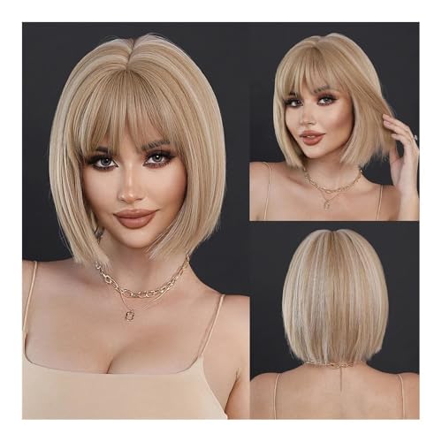 Perücken, Modische kurze blonde Perücke mit glattem Haar for Damen, tägliche Cosplay-Perücke, Highlight weiße Perücken Echthaarperücke(Light yellow) von UANFHWZF