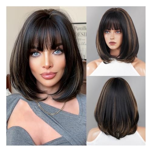 Perücken, Schulterlange Perücke for Damen, Bob, kurzes, glattes Haar, Schwarzblond, Highlights, Snapback-Perücke, volles Kopfset Echthaarperücke(BlackBrown) von UANFHWZF