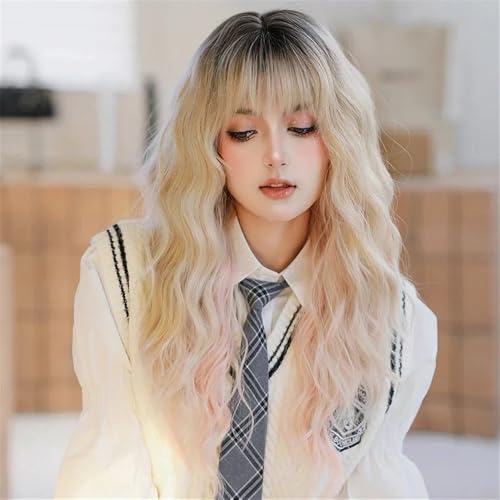 Perücken, Synthetische Ombre-Braun-Perücke mit 150 Dichte for Damen, Kostüm-Perücke, modischer langer Körper, gewellt, Highlight-Beige-Perücken mit Pony Echthaarperücke(Off-white) von UANFHWZF