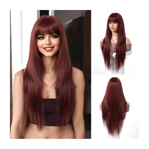 Deep red,Lange, Glatte Perücken Für Damen, 28 Zoll Perücken Mit Pony, Hitzebeständige Faserhaar-Ersatzperücke Für Den Täglichen Partygebrauch von UAOGPLK