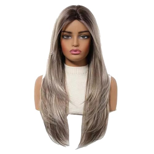 Lange Graue Ombre-Perücke Für Damen, 24 Zoll Große, Glatte Perücke Mit Mittelscheitel, Natürlich Aussehende, Hitzebeständige Kunstfaser Für Den Täglichen Partygebrauch von UAOGPLK