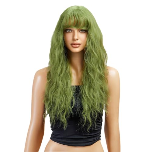 Lange Grüne Perücken Für Frauen, 24 Zoll Lange Gewellte Perücke Mit Pony, Verbesserte Proteinfaser-Haarersatzperücke, Cosplay-Kostüm, Halloween-Perücke Lange Grüne Perücken Für Frauen, 24 Zoll Lange Gewellte Perücke Mit Pony, Verbesserte Proteinfaser-Haarersatzperücke, Cosplay-Kostüm, Halloween-Perücke von UAOGPLK