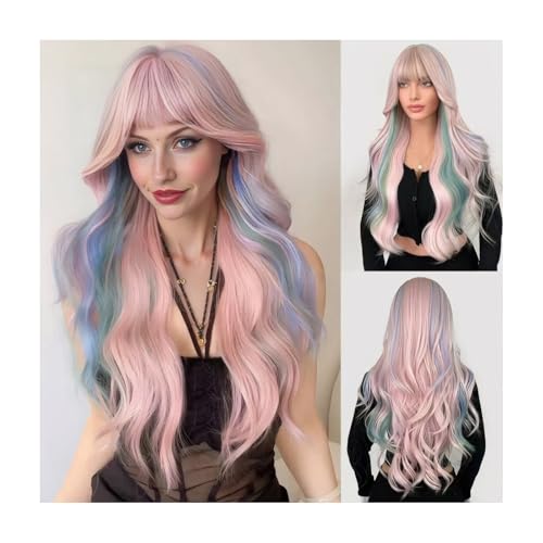 Lange Ombre-Perücken in Pink Für Damen, 26 Zoll Lange, Gewellte Perücke Mit Pony, Hitzebeständige Faserperücke Für Den Täglichen Gebrauch Bei Partys, Halloween Und Cosplay von UAOGPLK